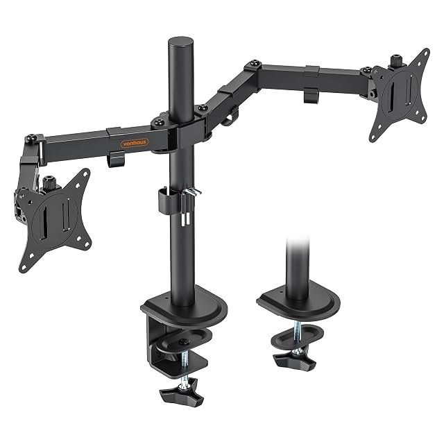 Soporte de doble monitor de acero VonHaus sujetando dos pantallas