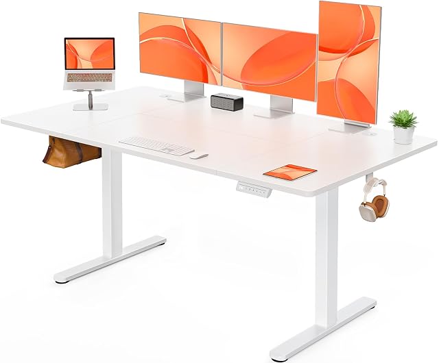 Escritorio de pie eléctrico ErGear con chasis blanco y tabla efecto madera