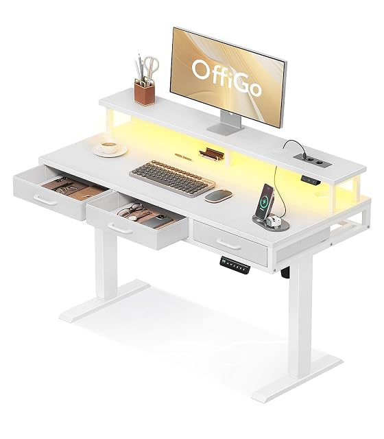 Escritorio de pie eléctrico OffiGo con cajones y soporte de monitor