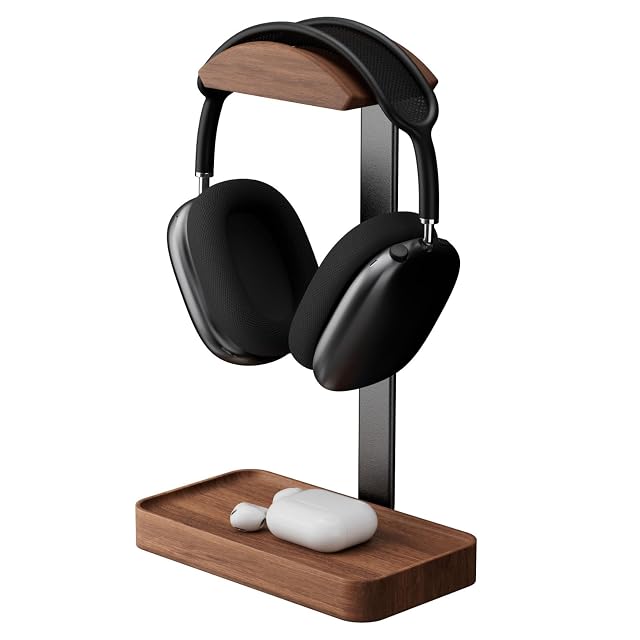 Soporte de auriculares de nogal macizo muso wood con unos auriculares