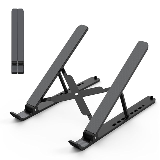 Soporte de portátil plegable de aluminio Tonmom elevando la pantalla de un portátil