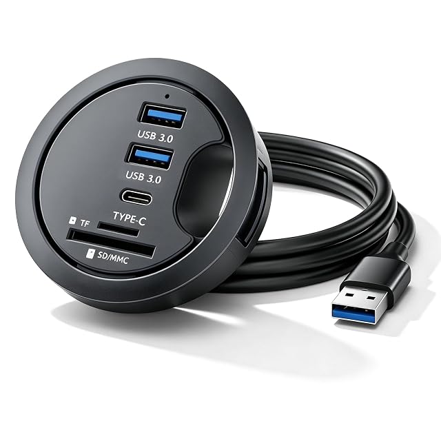 Hub USB Leikurvo montado a ras en un orificio pasacables de escritorio