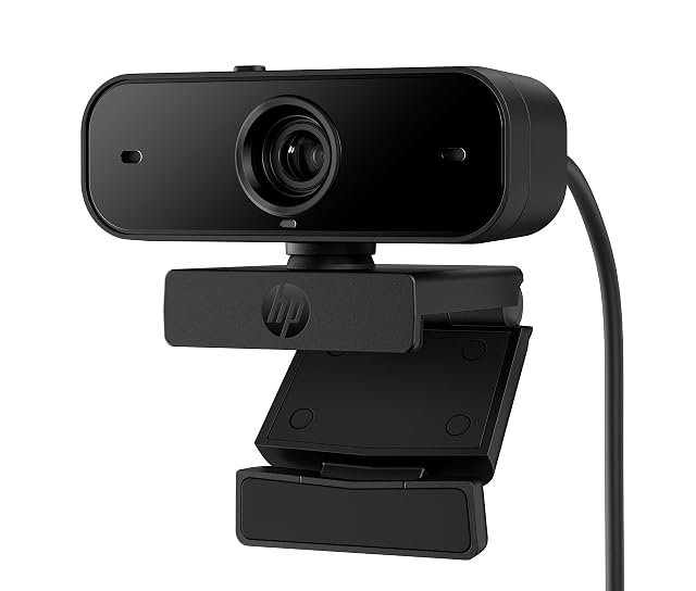 Webcam HP 1080P con obturador de privacidad montada en un monitor